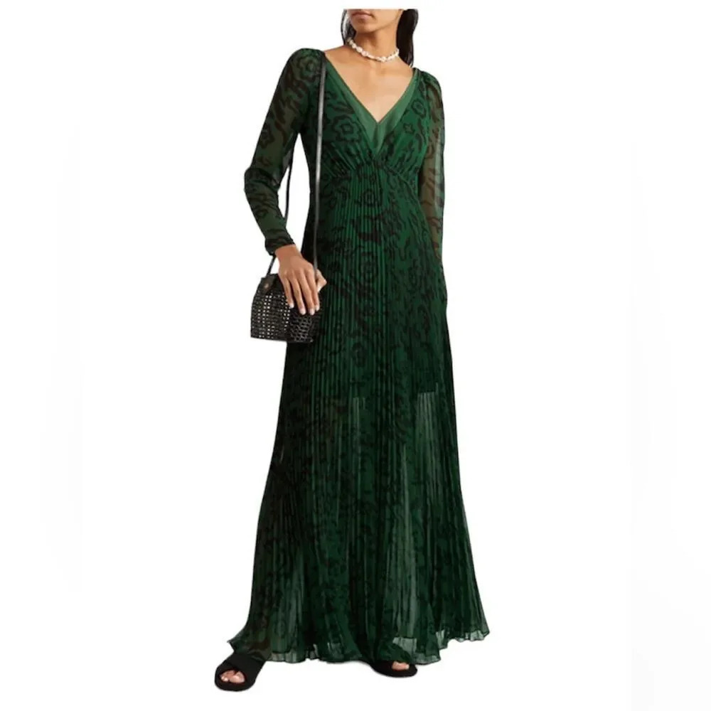Self Portrait NEW Green Leopard Chiffon Maxi Dress size 4